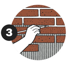Illustration einer Mauerwerksreparatur mit Pinsel und Fugenmörtel, Schritt 3