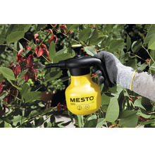 Gartenszene mit einer Person, die mit einer Mesto Drucksprühflasche Pflanzen besprüht.