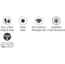Symbol für Boden- und Wandfliese, matt, Porzellanfliese, Frostbeständigkeit und Klasse 2 nach UNE EN 1616