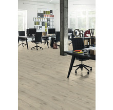 Heller Büroraum mit Holzboden, Schreibtischen und Bürostühlen.