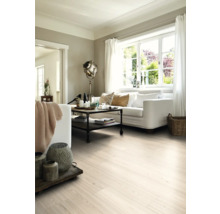 Heller Wohnraum mit Holzboden, Sofa und Fenster