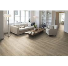 Heller Wohnraum mit Holzboden, Sofa, Sessel und Bücherregal