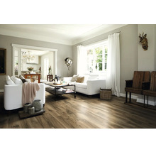 Wohnzimmer mit Holzboden, Sofa und Dekoration