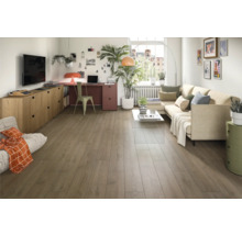 Heller Wohnraum mit Holzboden, Sofa, Schreibtisch und Dekorationen für ein gemütliches Ambiente.