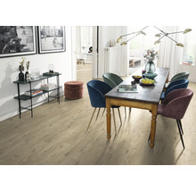 Wohnraum mit Esstisch, Stühlen und Laminatboden.