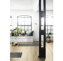 Heller Raum mit großen Fenstern, Pflanzen, Yogamatten und einer schwarzen Metallsäule