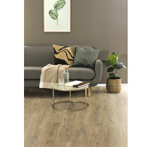 Wohnzimmer mit grauem Sofa, Kissen, Decke, Tisch, Zimmerpflanze und hellem Holzboden