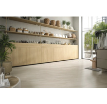 Heller Raum mit Holzregalen, Kommode und großem Fenster.