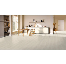 Heller Küchenbereich mit Holzboden, Esstisch und Stühlen.