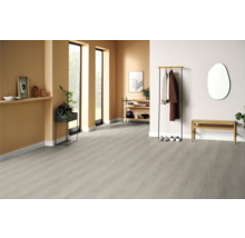 Heller Raum mit Bodenbelag, Garderobenständer und Sitzbank