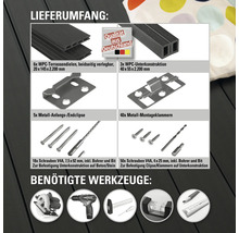 Lieferumfang des Terrassendielen Sets: sechs WPC Terrassendielen, drei WPC Unterkonstruktionen, fünf Metall Anfangs- und Endclipse, 40 Metall Montageklammern, Schrauben, Bohrer und Bit. Siegel: Qualität aus Deutschland.