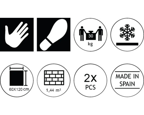 Piktogramme mit Produkteigenschaften: Hand, Schuhabdruck, Gewicht bis 30 Kilogramm, Frostbeständigkeit, Fliesengröße 60x120 cm, Fläche 1,44 Quadratmeter, zwei Stück, Hergestellt in Spanien