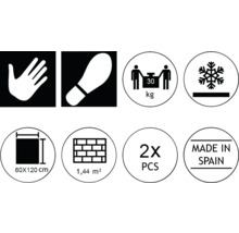Piktogramme mit Produkteigenschaften: Hand, Fußabdruck, Gewicht bis 30 Kilogramm, Frostbeständigkeit, 60x120 Zentimeter, 1,44 Quadratmeter, 2 Stück, Hergestellt in Spanien