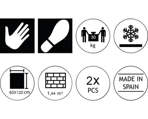 Piktogramme mit Produkteigenschaften: Hand, Fußabdruck, Gewicht bis 30 Kilogramm, Frostbeständigkeit, 60x120 Zentimeter, 1,44 Quadratmeter, 2 Stück, Hergestellt in Spanien