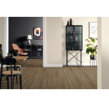 Inneneinrichtung mit Bodenbelag in Holzoptik, Esstisch und Vitrine