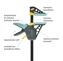 Wolfcraft Einhandzwinge mit gummierten Spannflächen, gehärteter Stahlschiene und glasfaserverstärktem Kunststoff