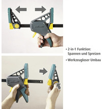 Wolfcraft Einhandzwinge mit Spann- und Spreizfunktion wird von einer Person bedient.