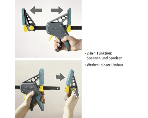 Wolfcraft Einhandzwinge mit Spann- und Spreizfunktion wird von einer Person bedient.