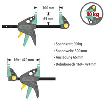 Wolfcraft Einhandzwinge mit einer Spannkraft von 90 Kilogramm, einer Spannweite von 300 Millimetern, einer Ausladung von 65 Millimetern und einem Dehnbereich von 160 bis 470 Millimetern.