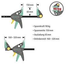 Wolfcraft Hebelschraubzwinge mit den Maßen Spannkraft 90 kg, Spannweite 150 mm, Ausladung 65 mm, Dehnbereich 160 bis 320 mm