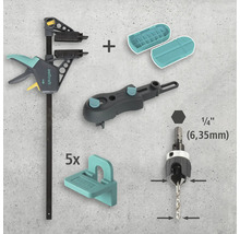 Wolfcraft Montage-Set mit Schnellspannzwinge, Dübellehre, Bohrlehre und Dübelmarkierern
