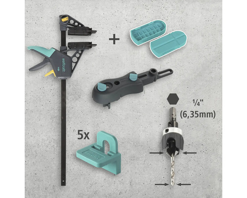 Wolfcraft Montage-Set mit Schnellspannzwinge, Dübellehre, Bohrlehre und Dübelmarkierern