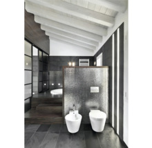 Modernes Badezimmer mit Badewanne, Toilette und Bidet in einem stilvollen Design.