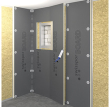 Raumecke mit swissopor BOARD Bauplatten und Fensteröffnung, verklebt mit Dichtstoff