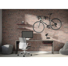 Industrieller Raum mit Wand in Backsteinoptik, Schreibtisch mit Computer, Bürostuhl und an der Wand montiertem Fahrrad.