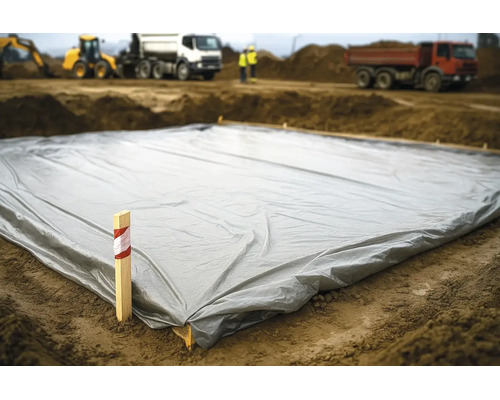 Eine große graue Baufolie auf dem Boden einer Baustelle mit Baumaschinen und Arbeitern im Hintergrund.