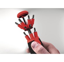 Hand hält Schraubendreher mit auswechselbaren Bits