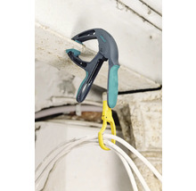 Wolfcraft Logo. Universalklemme mit Kabeln befestigt an Decke.