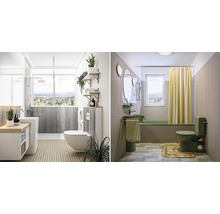 Zwei Badezimmeransichten mit Waschbecken, Toilette, Badewanne und Dusche.