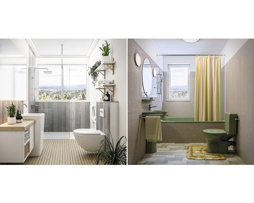 Zwei Badezimmeransichten mit Waschbecken, Toilette, Badewanne und Dusche.