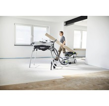 Tischkreissäge im hellen Raum mit Handwerkerin, die ein Holzbrett trägt