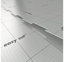 Bildausschnitt von Laminat mit dem Schriftzug ''easy cut'' auf einem Raster