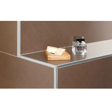 Detailaufnahme eines Badezimmerregals mit Seife und Parfümflasche