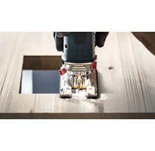 Stichsäge im Einsatz zum Aussägen eines Lochs in ein Holzbrett