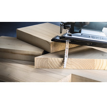 Stichsäge mit Sägeblatt und Holz