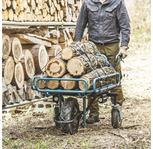 Mann transportiert Brennholz mit einer Transportkarre neben einem Holzstapel