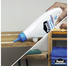 Auftragen von wasserfestem Ponalleim auf Holz. Ponalleim Logo.