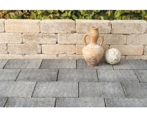 Garten mit Pflastersteinen, Mauer und Dekoration