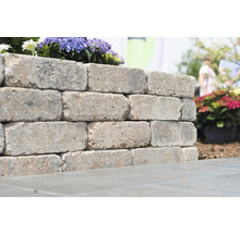 Mauer aus Betonsteinen mit Blumenbepflanzung