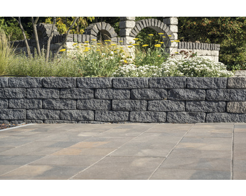 Eine Steinmauer mit Pflanzen und Steinbögen im Hintergrund