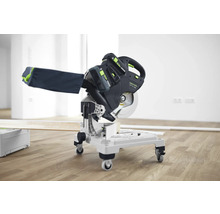 Akkukap- und Gehrungssäge mit Staubfangsack und Rollwagen für Holzbearbeitung