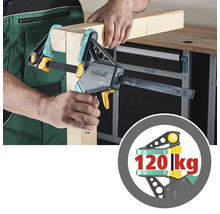 Eine Person verwendet eine Einhandzwinge von Wolfcraft, um zwei Holzstücke zusammenzupressen. Ein Siegel zeigt eine Tragkraft von 120 Kilogramm an.