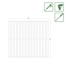 Schematische Darstellung einer Zaunblende mit den Maßen 560 x 560 mm sowie Symbole für Werkzeuge.