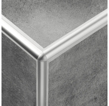 Detailaufnahme einer Fliesenschiene aus Metall an einer gefliesten Wand