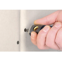 Eine Person schraubt eine Schraube mit einem Schraubendreher in eine Wand.