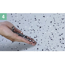 Eine Hand streut Dekor-Chips auf einen Boden.